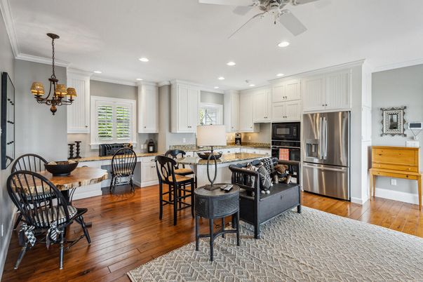 Dining room, Interior, Kitchen, Recessed Lighting, Stainless Steel Appliances, Wood Texture Flooring