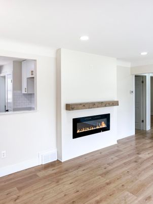 Empty room, Fireplace, Interior, Recessed Lighting, Wood Texture Flooring