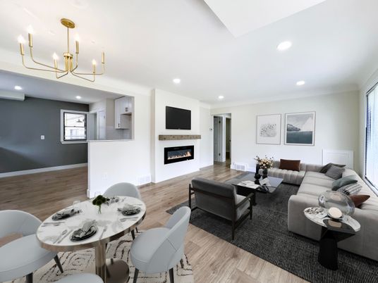 Chandelier, Dining room, Fireplace, Interior, Living room, Recessed Lighting, Wood Texture Flooring