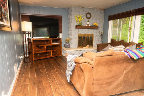 Fireplace, Interior, Living room, Stone Walls, Wood Texture Flooring