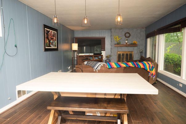 Dining room, Fireplace, Interior, Pendant Lights, Wood Texture Flooring
