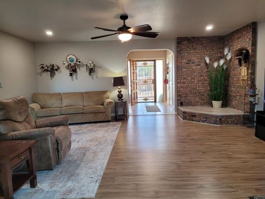 Interior, Living room, Recessed Lighting, Stone Walls, Wood Texture Flooring