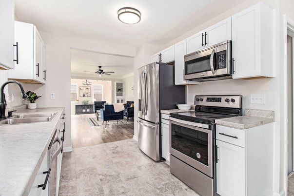 Dining room, Interior, Kitchen, Living room, Stainless Steel Appliances, Wood Texture Flooring