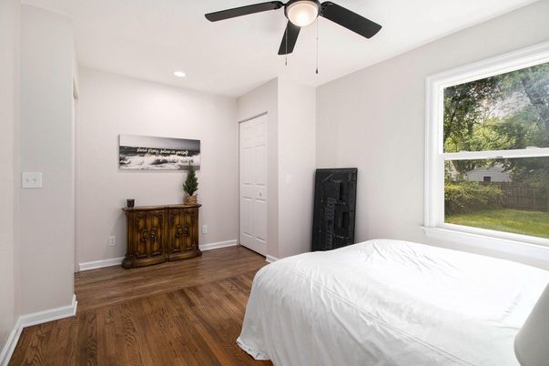 Bedroom, Interior, Recessed Lighting, Wood Texture Flooring