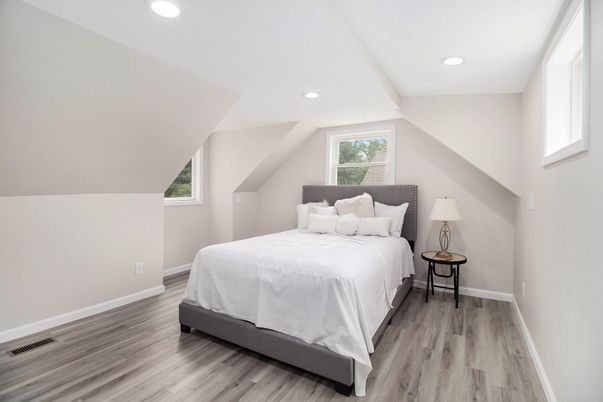 Bedroom, Interior, Recessed Lighting, Wood Texture Flooring