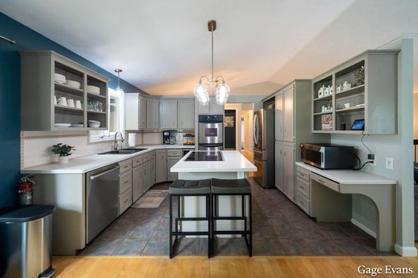 Interior, Kitchen, Pendant Lights, Stainless Steel Appliances, Wood Texture Flooring