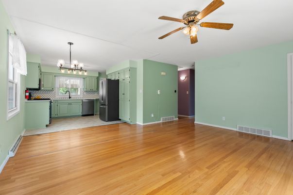 Chandelier, Empty room, Interior, Kitchen, Stainless Steel Appliances, Wood Texture Flooring
