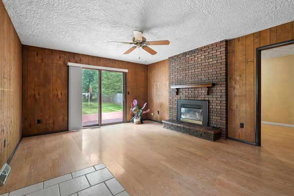 Empty room, Fireplace, Interior, Stone Walls, Wood Texture Flooring, Wooden Walls
