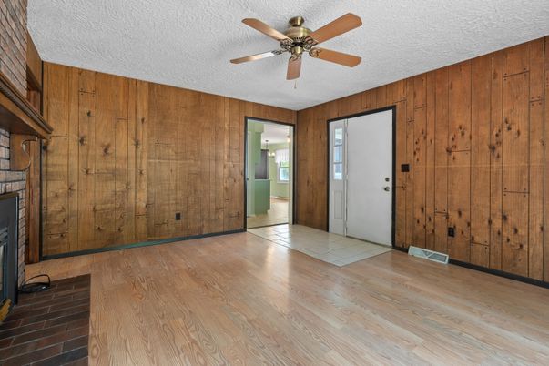 Empty room, Fireplace, Interior, Wood Texture Flooring, Wooden Walls