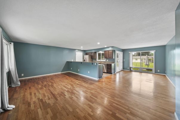 Empty room, Interior, Kitchen, Recessed Lighting, Wood Texture Flooring