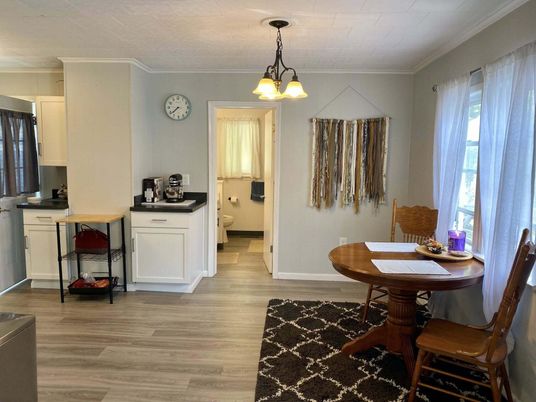 Dining room, Interior, Kitchen, Pendant Lights, Wood Texture Flooring