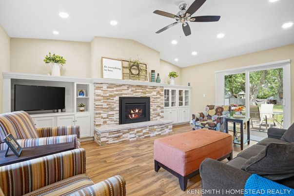 Fireplace, Interior, Living room, Recessed Lighting, Wood Texture Flooring