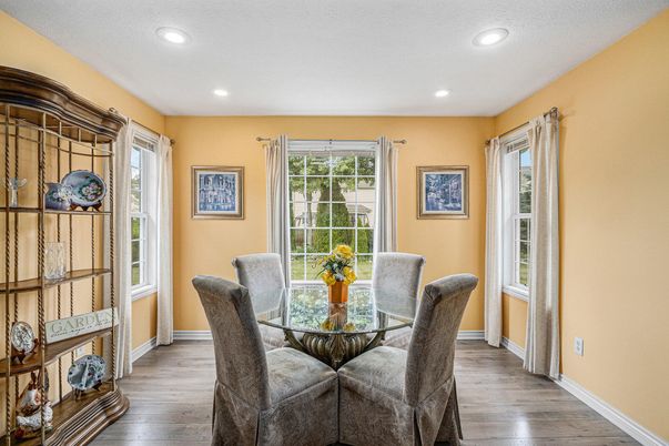 Dining room, Interior, Recessed Lighting, Wood Texture Flooring