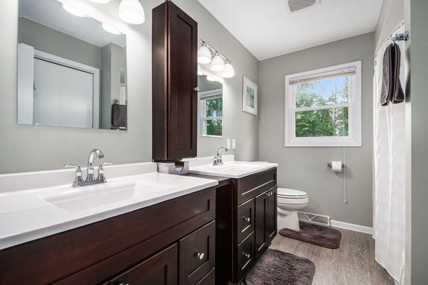 Bathroom, Dual Sink Vanities, Interior, Wood Texture Flooring