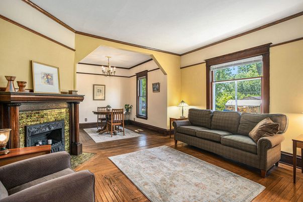 Chandelier, Dining room, Fireplace, Interior, Living room, Wood Texture Flooring