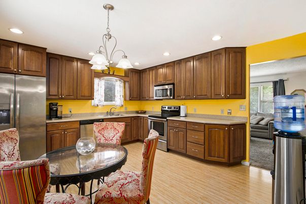 Chandelier, Interior, Kitchen, Recessed Lighting, Stainless Steel Appliances, Wood Texture Flooring