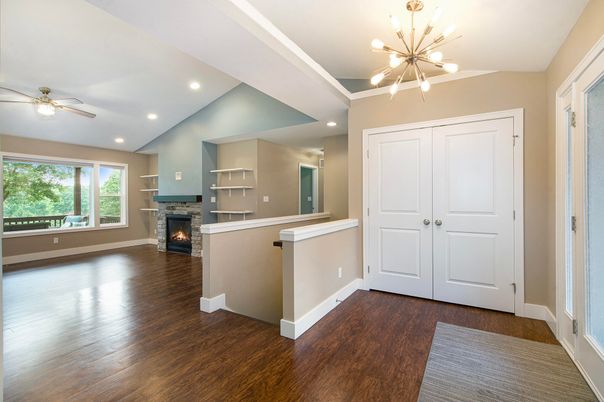 Empty room, Fireplace, Interior, Pendant Lights, Recessed Lighting, Wood Texture Flooring