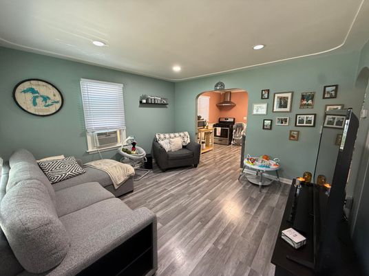 Interior, Kitchen, Living room, Recessed Lighting, Stainless Steel Appliances, Wood Texture Flooring