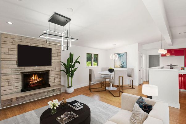 Dining room, Fireplace, Interior, Living room, Pendant Lights, Recessed Lighting, Stone Walls, Wood Texture Flooring