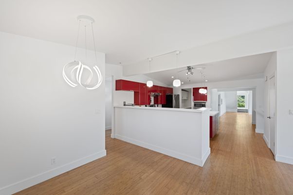Interior, Kitchen, Pendant Lights, Wood Texture Flooring