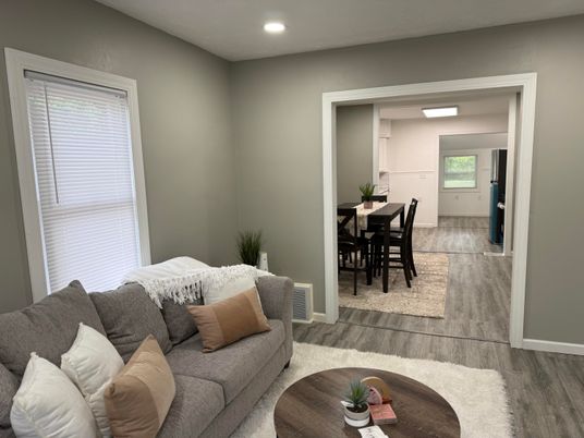 Dining room, Interior, Living room, Recessed Lighting, Wood Texture Flooring