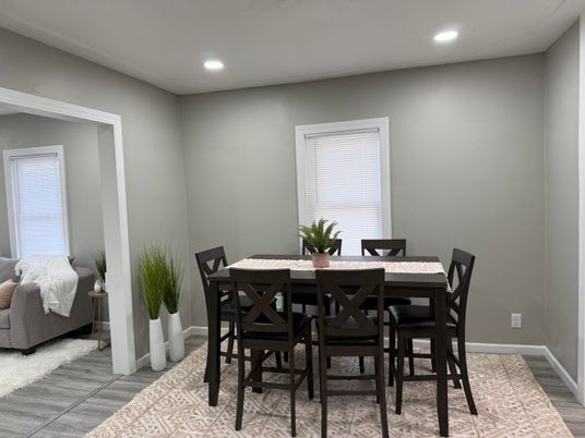 Dining room, Interior, Recessed Lighting, Wood Texture Flooring