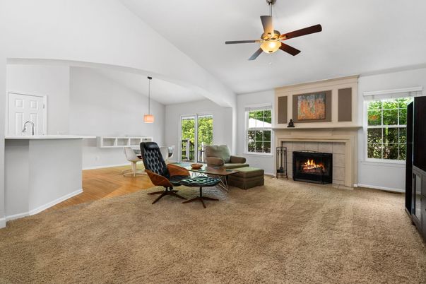 Fireplace, Interior, Living room, Pendant Lights, Wood Texture Flooring