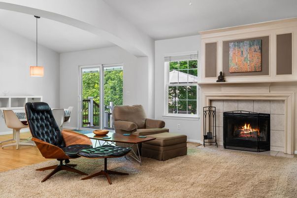 Fireplace, Interior, Living room, Pendant Lights, Wood Texture Flooring