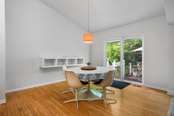 Dining room, Interior, Pendant Lights, Wood Texture Flooring