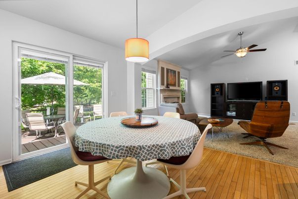 Dining room, Interior, Living room, Pendant Lights, Wood Texture Flooring