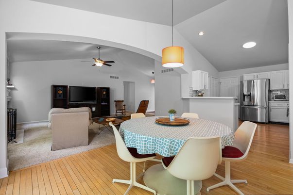 Dining room, Interior, Kitchen, Living room, Pendant Lights, Recessed Lighting, Stainless Steel Appliances, Wood Texture Flooring