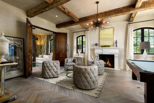 Billiard Table, Fireplace, Game Room, Interior, Living room, Pendant Lights, Recessed Lighting, Wooden Beams, Wood Texture Flooring