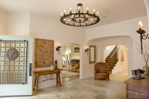 Chandelier, Fireplace, Interior