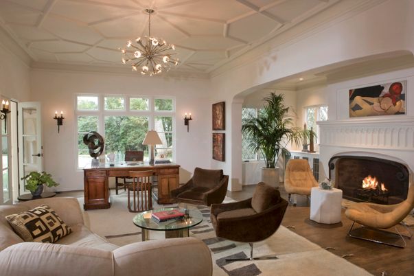 Fireplace, Home Office, Interior, Living room, Pendant Lights, Recessed Lighting, Wood Texture Flooring