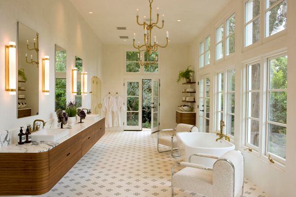 Bathroom, Chandelier, Dual Sink Vanities, Free Standing Baths, Interior, Recessed Lighting