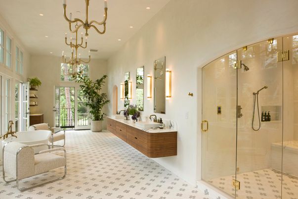 Bathroom, Chandelier, Glass Shower, Interior, Recessed Lighting