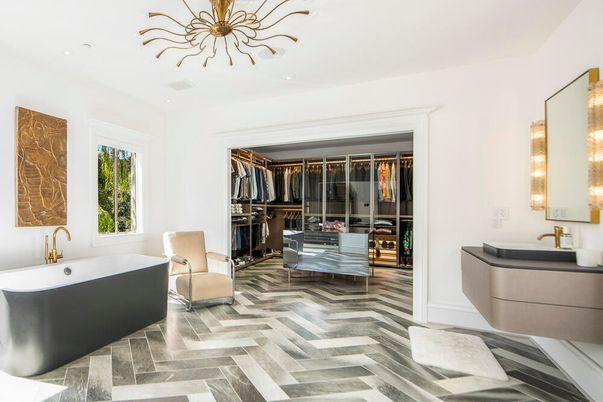 Bathroom, Free Standing Baths, Interior, Recessed Lighting, Wood Texture Flooring