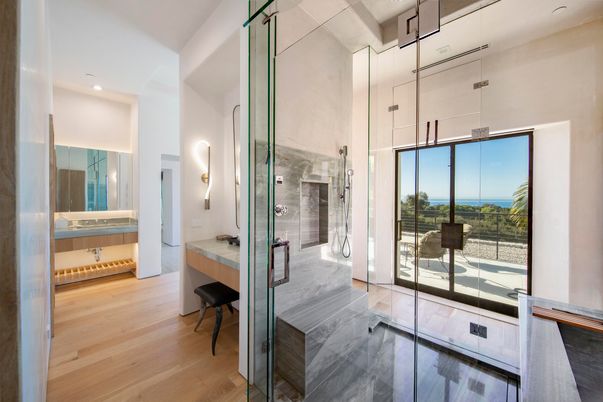 Bathroom, Interior, Recessed Lighting, Water, Wood Texture Flooring
