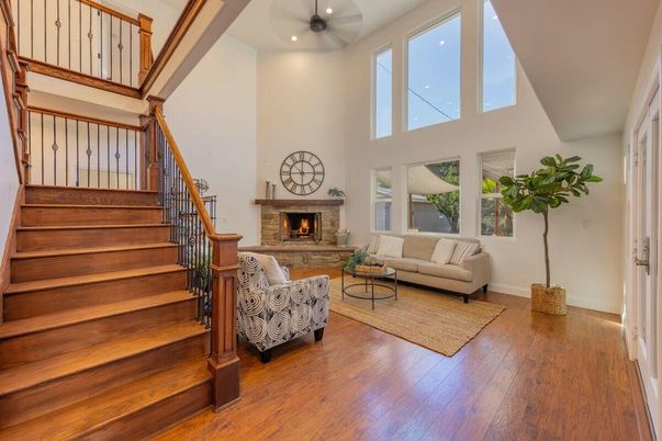 Fireplace, Interior, Living room, Recessed Lighting, Wood Texture Flooring