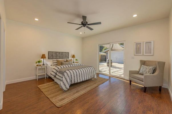 Bedroom, Interior, Recessed Lighting, Wood Texture Flooring