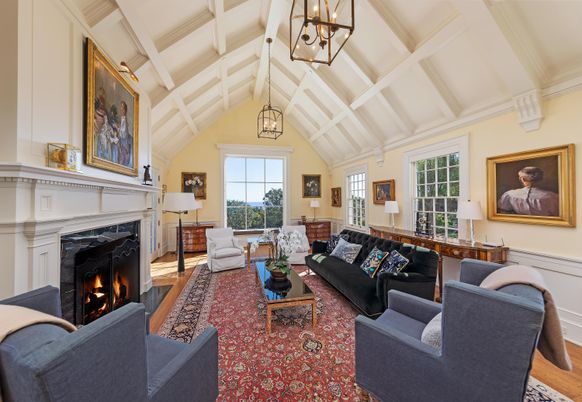 Fireplace, Interior, Living room, Pendant Lights, Wood Texture Flooring