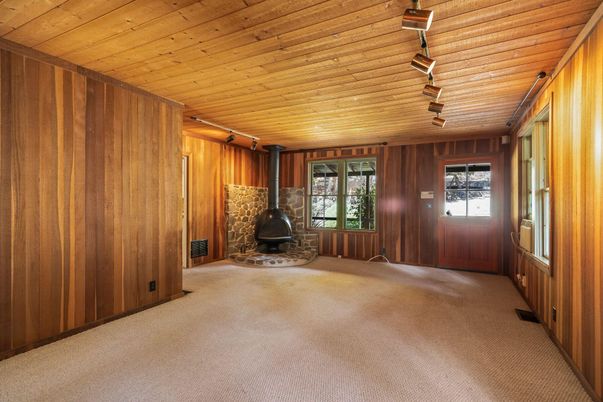 Empty room, Fireplace, Interior, Wooden Ceilings, Wooden Walls