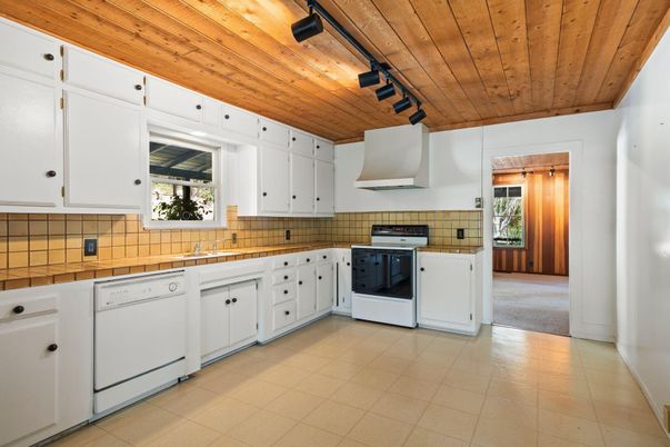 Interior, Kitchen, Tile Countertops, Wooden Ceilings