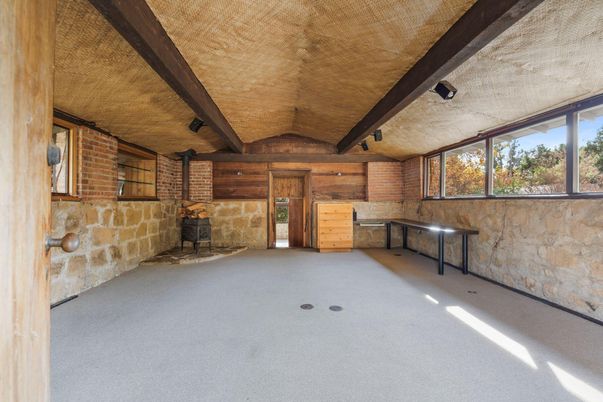 Empty room, Fireplace, Interior, Stone Walls, Wooden Beams