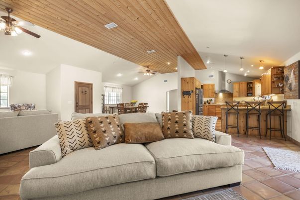 Dining room, Interior, Kitchen, Living room, Pendant Lights, Recessed Lighting, Stainless Steel Appliances, Wooden Ceilings