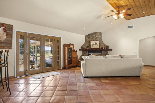 Fireplace, Interior, Living room, Recessed Lighting, Stone Walls