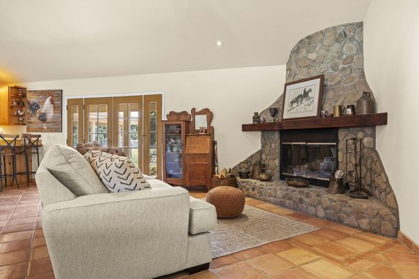 Fireplace, Interior, Living room, Recessed Lighting, Stone Walls