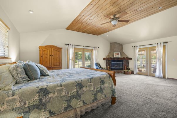 Bedroom, Fireplace, Interior, Recessed Lighting, Wooden Ceilings