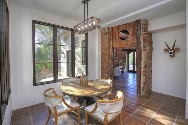 Dining room, Fireplace, Interior, Pendant Lights, Stone Walls