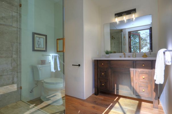 Bathroom, Glass Shower, Interior, Wood Texture Flooring